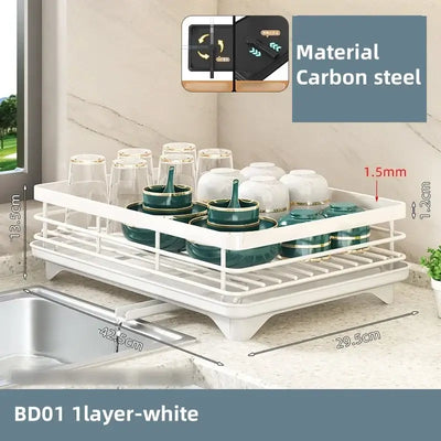 Adjustable carbon steel dish drying rack with utensil holder
