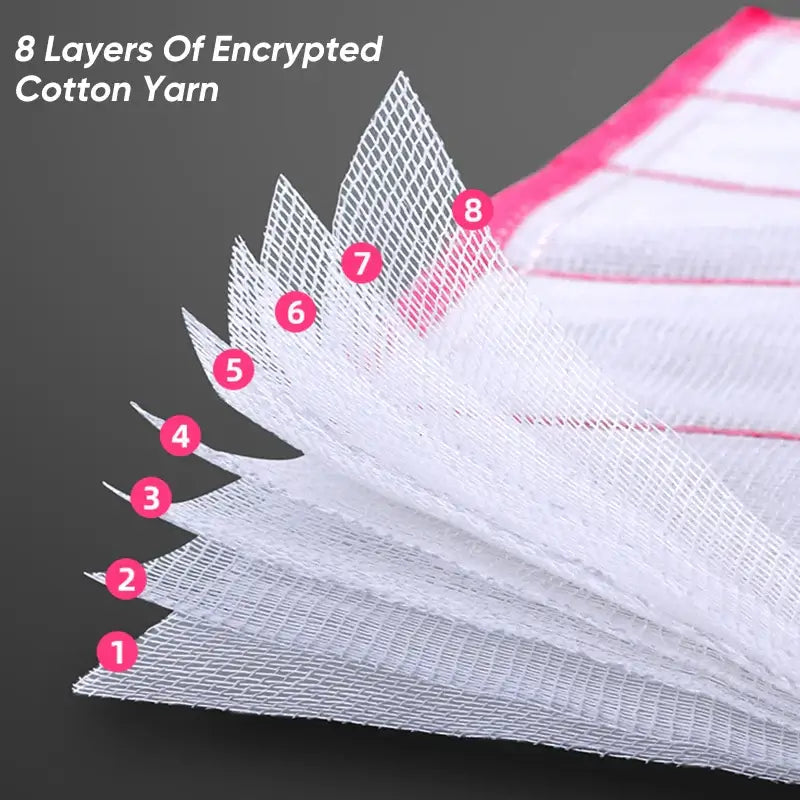 8 layers of encrypted cotton yarn showcasing texture and absorbency of the reusable kitchen towels.
