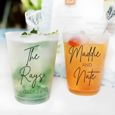 Make your big day unforgettable with our 12oz frosted plastic cups—customized with names, dates, or quotes for the perfect personal touch.