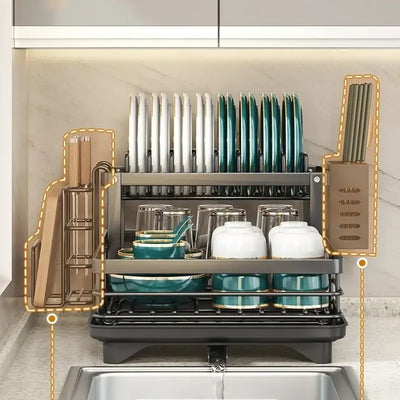 Adjustable carbon steel dish drying rack with utensil holder