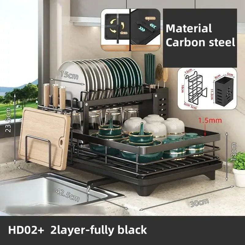 Adjustable carbon steel dish drying rack with utensil holder