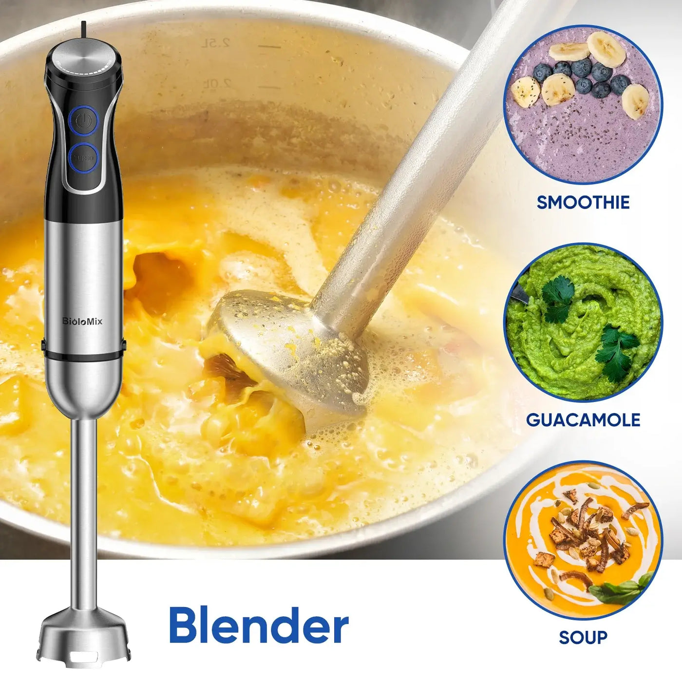 Blend, chop, whisk, and puree with ease! The BioloMix 5-in-1 hand blender features a powerful 1500W motor and stainless steel blades for smooth, fast results.