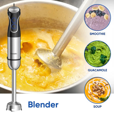 Power through blending with the 1500W BioloMix Hand Blender. Features a 304 stainless steel blade for silky smoothies, baby food, and more—all in one sleek tool.