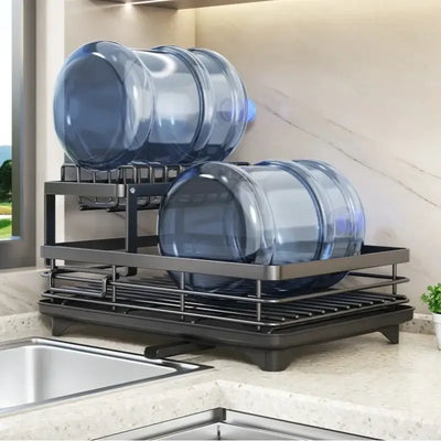 Adjustable carbon steel dish drying rack with utensil holder
