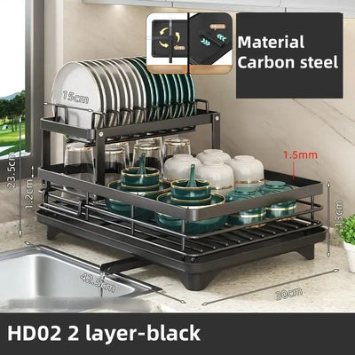 Adjustable carbon steel dish drying rack with utensil holder