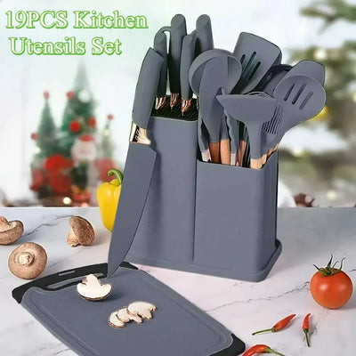 19-piece silicone kitchen utensil set with bamboo holder