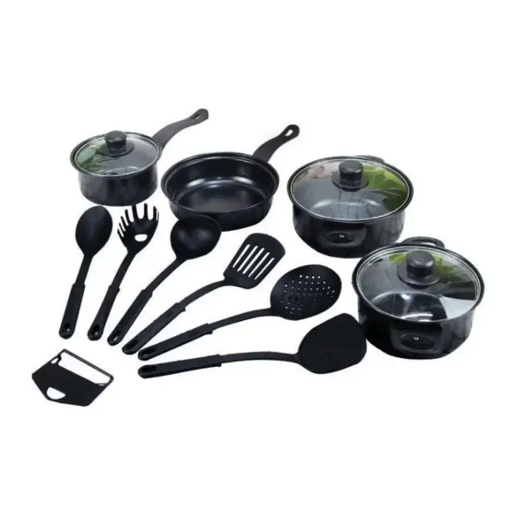 Complete kitchenware set including small frying pan and shovel