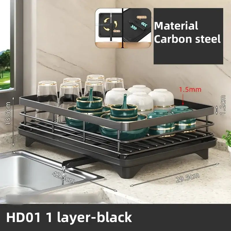Adjustable carbon steel dish drying rack with utensil holder