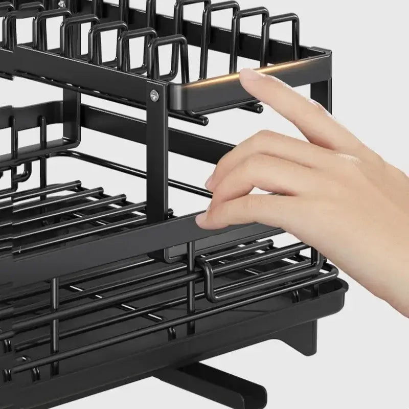 Adjustable carbon steel dish drying rack with utensil holder