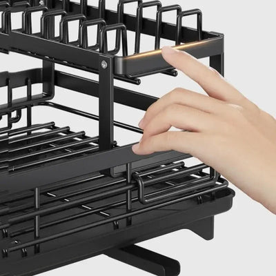 Adjustable carbon steel dish drying rack with utensil holder