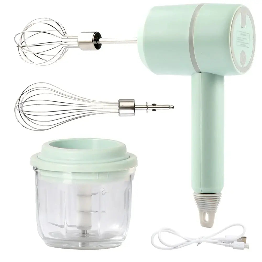 Portable hand mixer with whisk and milk frother attachment.