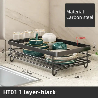 Adjustable carbon steel dish drying rack with utensil holder