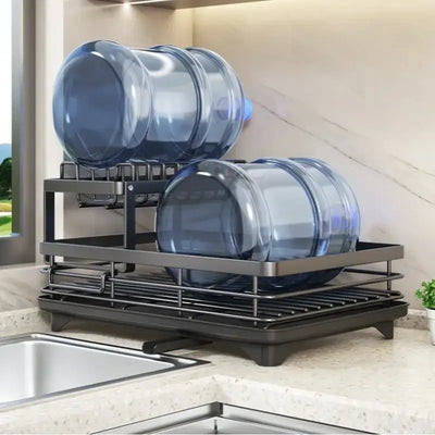 Adjustable carbon steel dish drying rack with utensil holder