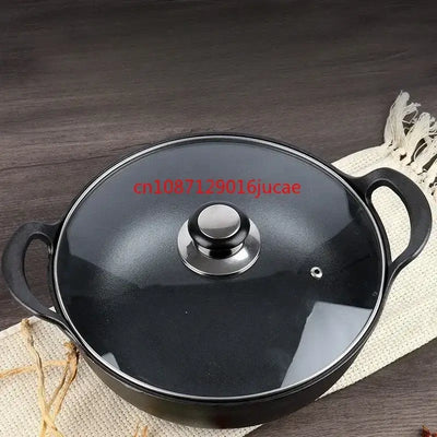 Durable cast iron stew pot with double handles—perfect for soups, stews, and stir-fries. Even heat, non-stick cooking without coating.