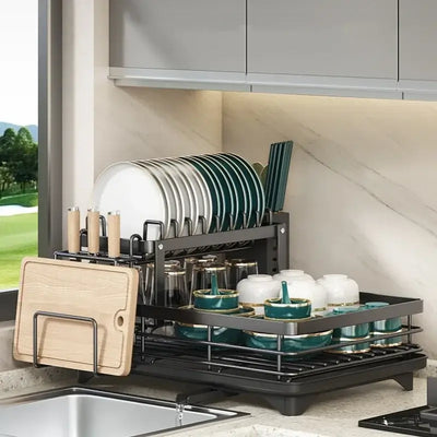 Adjustable carbon steel dish drying rack with utensil holder