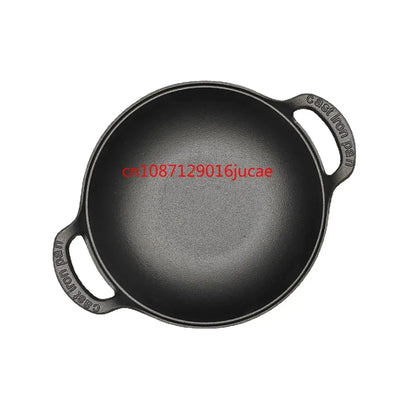 Durable cast iron stew pot with double handles—perfect for soups, stews, and stir-fries. Even heat, non-stick cooking without coating.