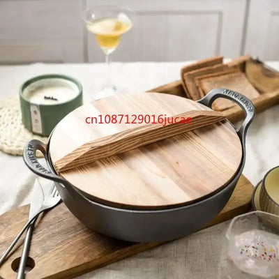 Durable cast iron stew pot with double handles—perfect for soups, stews, and stir-fries. Even heat, non-stick cooking without coating.