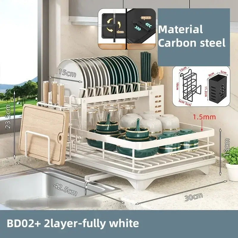 Adjustable carbon steel dish drying rack with utensil holder