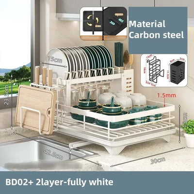 Adjustable carbon steel dish drying rack with utensil holder