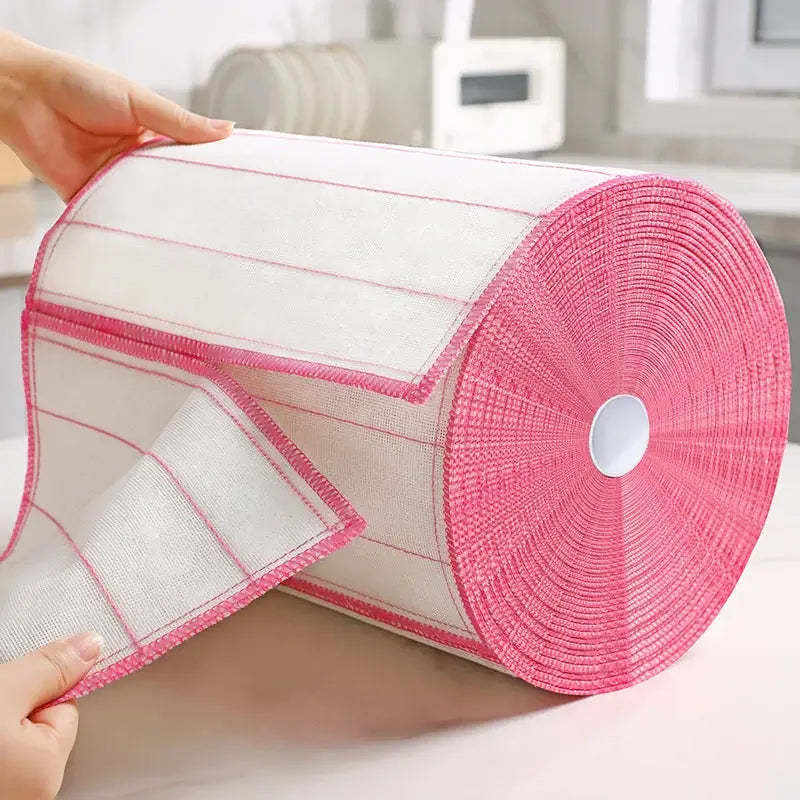 Roll of pink-edged kitchen towels being unrolled, perfect for eco-friendly cleaning and drying.