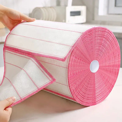 Roll of pink-edged kitchen towels being unrolled, perfect for eco-friendly cleaning and drying.