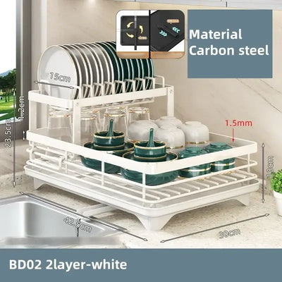 Adjustable carbon steel dish drying rack with utensil holder