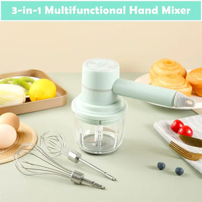 Portable hand mixer with whisk and milk frother attachment.