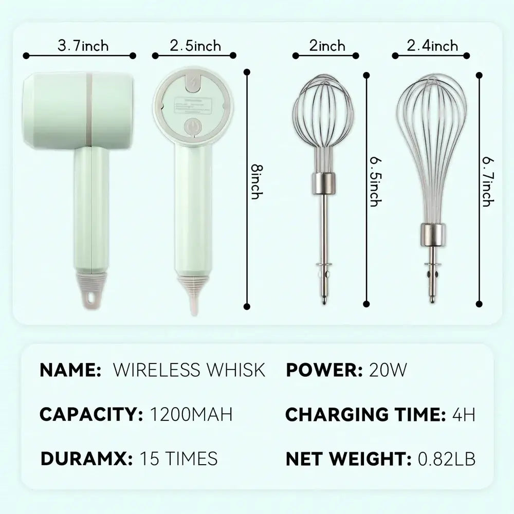 Portable hand mixer with whisk and milk frother attachment.