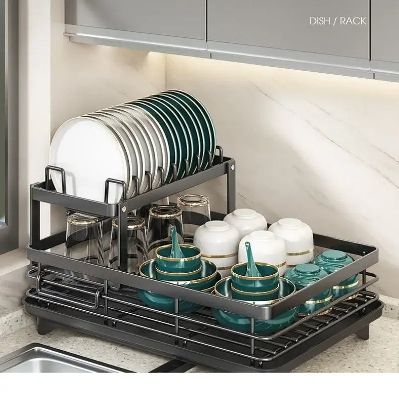 Adjustable carbon steel dish drying rack with utensil holder