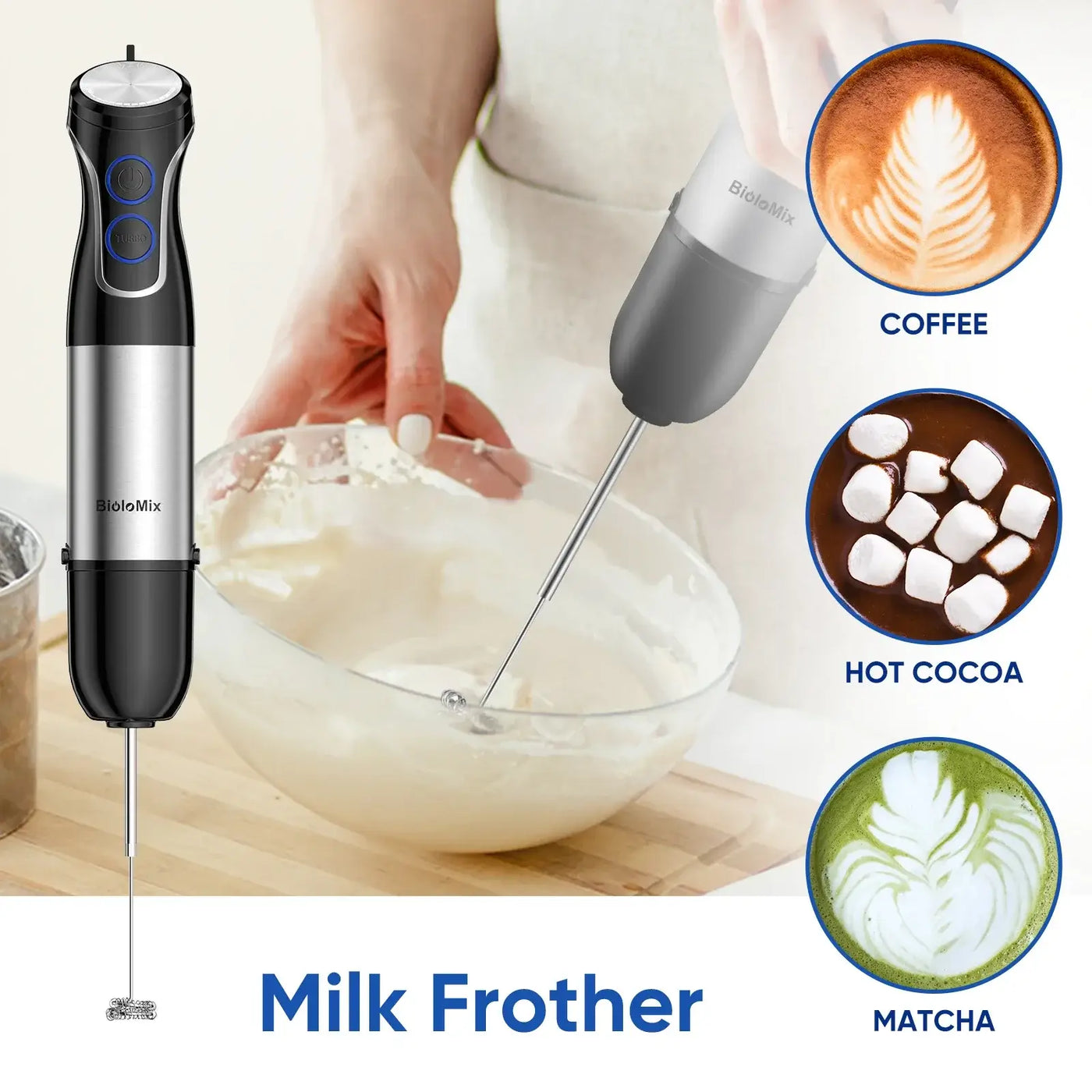 Power through blending with the 1500W BioloMix Hand Blender. Features a 304 stainless steel blade for silky smoothies, baby food, and more—all in one sleek tool.