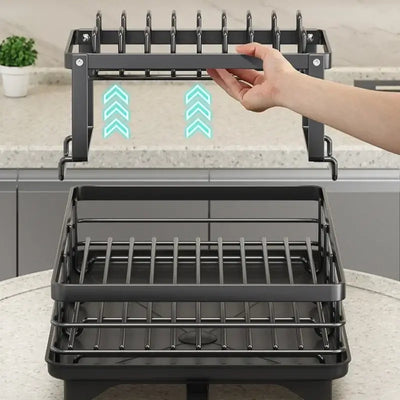Adjustable carbon steel dish drying rack with utensil holder