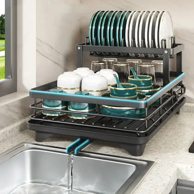 Adjustable carbon steel dish drying rack with utensil holder