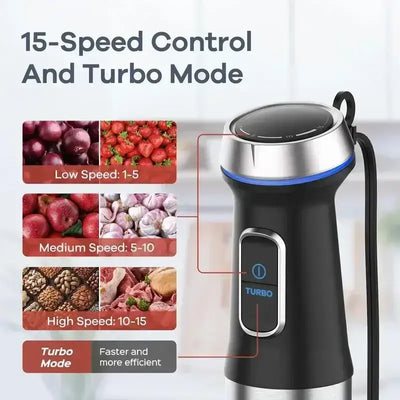 Blend, chop, whisk, and puree with ease using this 5-in-1 hand blender. Featuring 16 speed settings and a stainless steel blade for smooth, precise results.