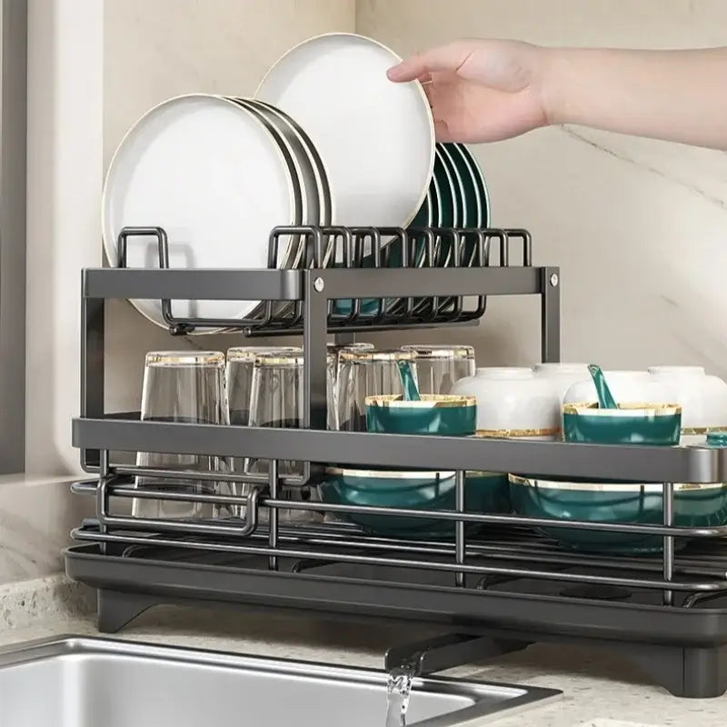 Adjustable carbon steel dish drying rack with utensil holder