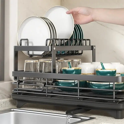 Adjustable carbon steel dish drying rack with utensil holder