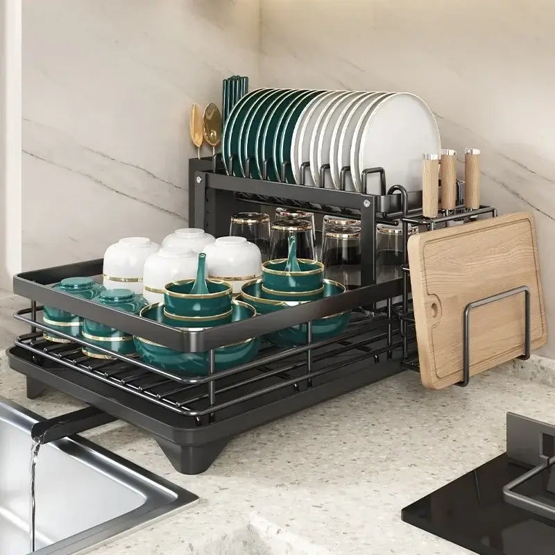 Adjustable carbon steel dish drying rack with utensil holder