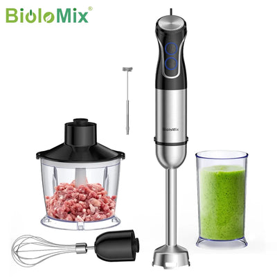 Power through blending with the 1500W BioloMix Hand Blender. Features a 304 stainless steel blade for silky smoothies, baby food, and more—all in one sleek tool.