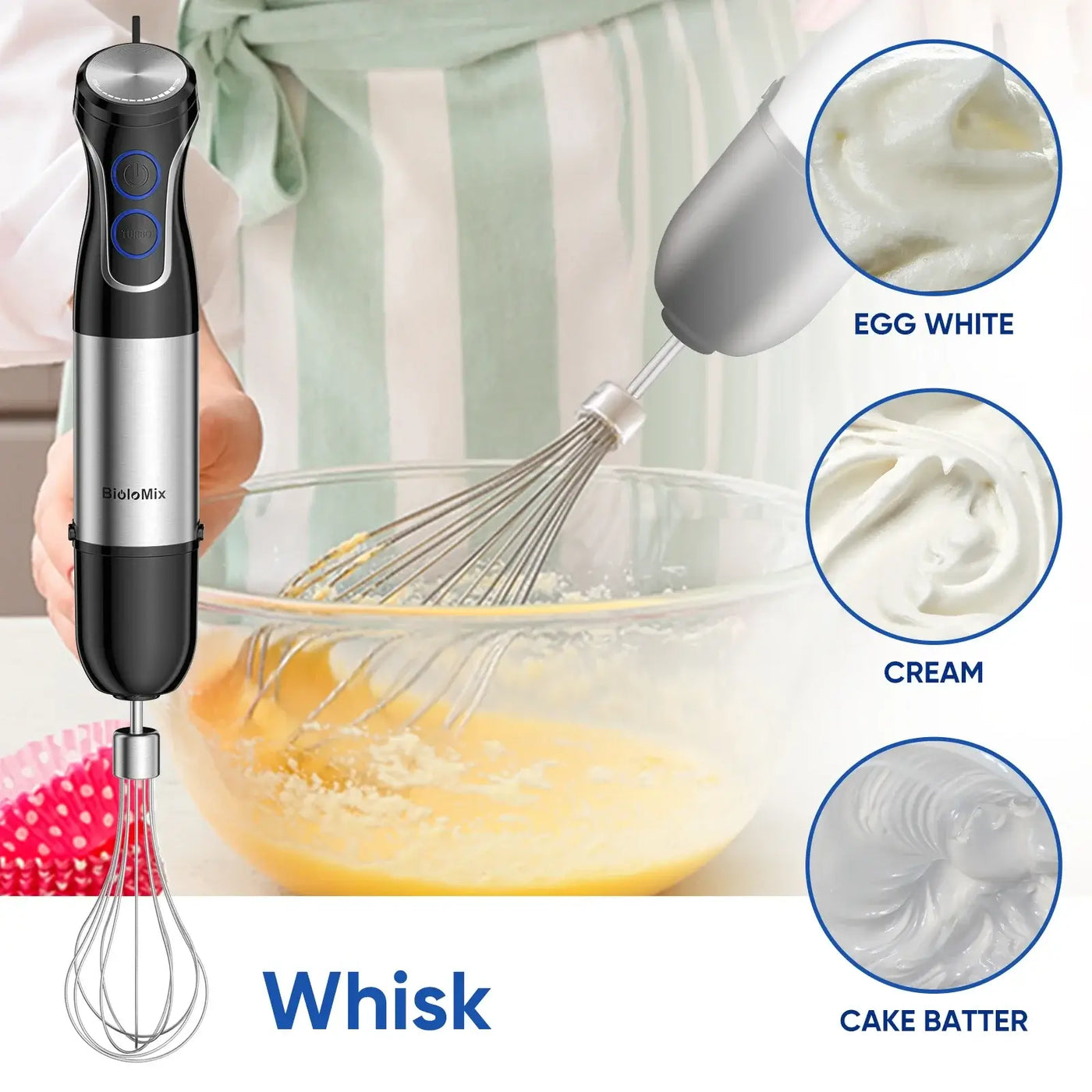 Blend, chop, whisk, and puree with ease! The BioloMix 5-in-1 hand blender features a powerful 1500W motor and stainless steel blades for smooth, fast results.