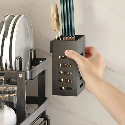 Adjustable carbon steel dish drying rack with utensil holder