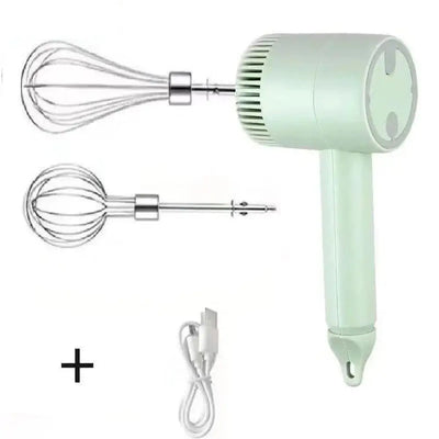 Portable hand mixer with whisk and milk frother attachment.