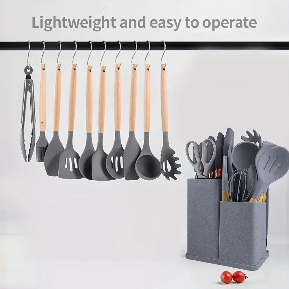 19-piece silicone kitchen utensil set with bamboo holder