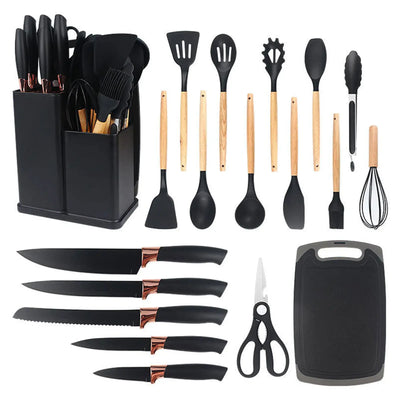 Non-stick cooking utensil set with knife storage bucket