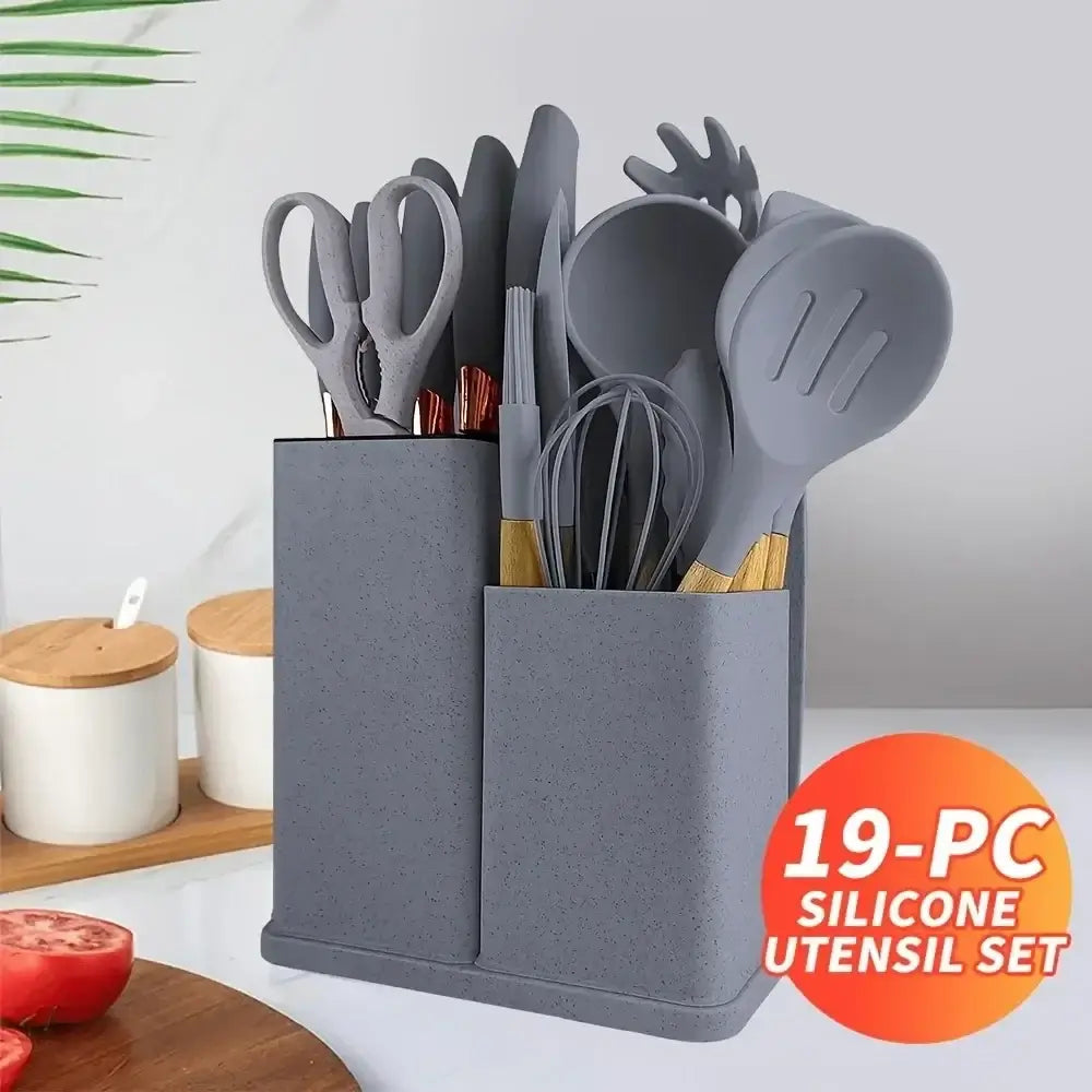 19-piece silicone kitchen utensil set with bamboo holder