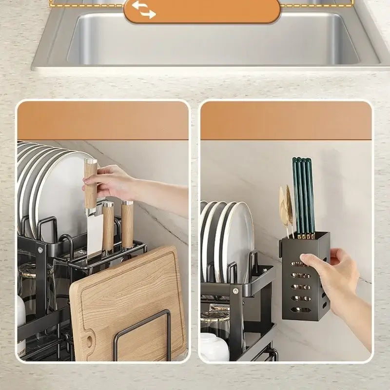 Adjustable carbon steel dish drying rack with utensil holder