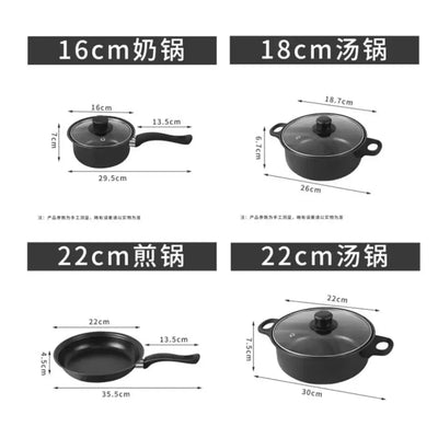 Complete kitchenware set including small frying pan and shovel