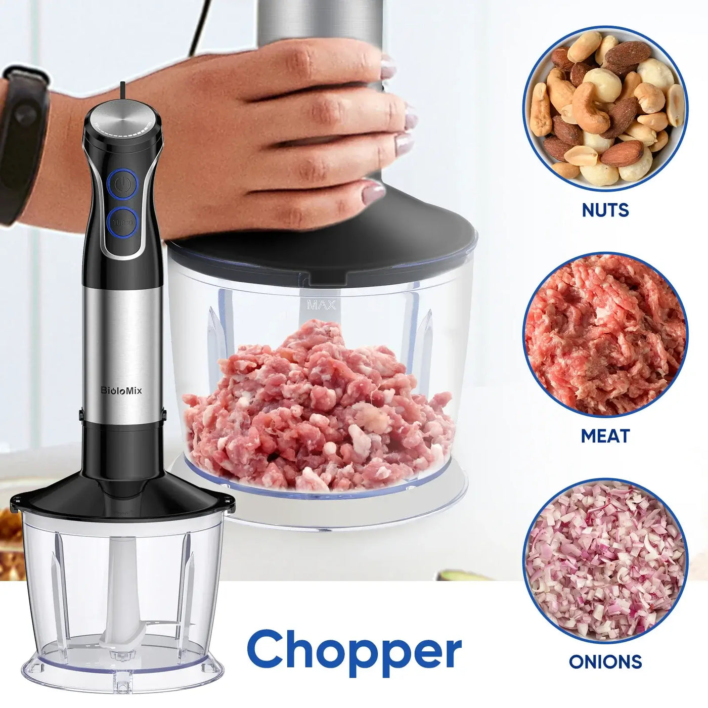 Power through blending with the 1500W BioloMix Hand Blender. Features a 304 stainless steel blade for silky smoothies, baby food, and more—all in one sleek tool.