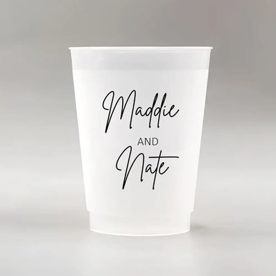 Make your big day unforgettable with our 12oz frosted plastic cups—customized with names, dates, or quotes for the perfect personal touch.